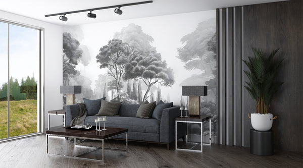 Vintage Style Art Print Graphic Non-Woven Wallpaper Black And White, Grey Shade For Office, Living Room, Bedroom 'Black And White Landscape: Forest Harmony' 🌲
