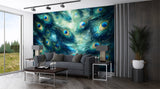 Peacock Feather Abstract Peel and Stick Wall Mural – Elegant Botanical Wallpaper in Teal Tones
