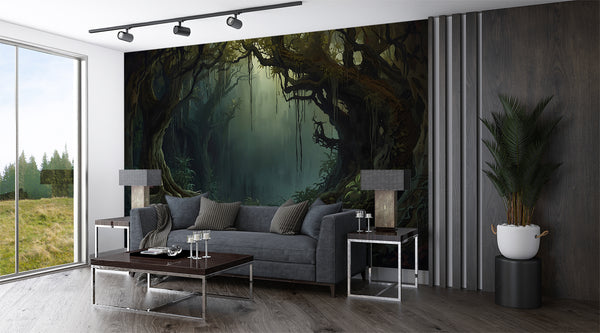 Traditional wallpaper Misty forest thickets, mystical atmosphere for bedroom, living room, or office Accent wall, Art Wall