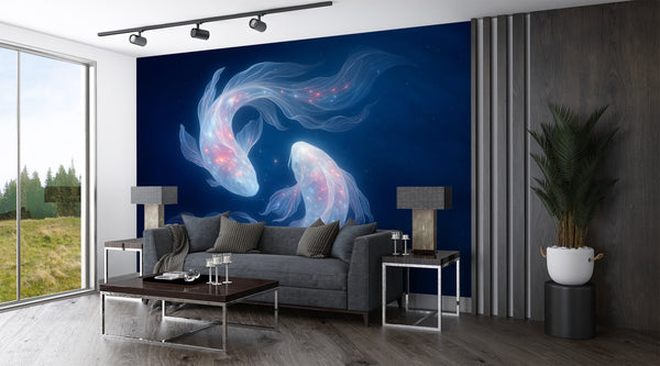 "White Koi Fish with Silver Glow" Wallpaper For Living Room, Bedroom. Self-Adhesive Accent Wall Wallpaper. Accent Wall Decor Wallpaper 🐟🐟