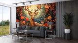Autumn Forest Deer Wall Mural – Traditional Floral Woodland Wallpaper for Living Room & Bedroom
