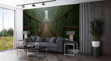 Natural Print "Bridge Into The Mist Toward The Waterfall" Brutal Wall Art Self-Adhesive Wallpaper For Living Room, Office, Adventure Lovers 🏞️
