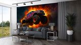 Car Print Peel and Stick Wall Mural for Full Wall in Hall, Office, Living Room "Monster Truck: Flame of Danger" 🔥🚙