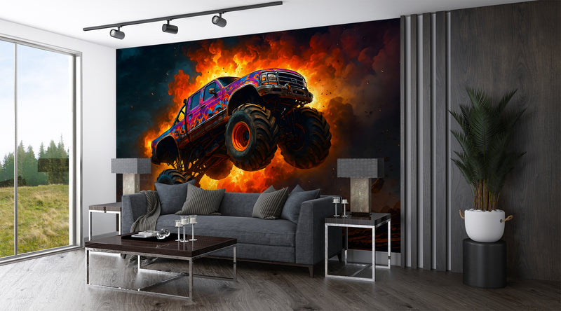 Car Print Peel and Stick Wall Mural for Full Wall in Hall, Office, Living Room "Monster Truck: Flame of Danger" 🔥🚙