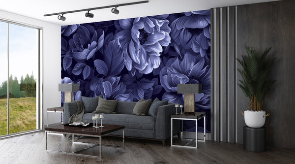 Floral Vintage Print Rich Colors Self-Adhesive Full-Wall Wallpaper For Living Room, Hall 'Dark-Blue Flowers' 🌼