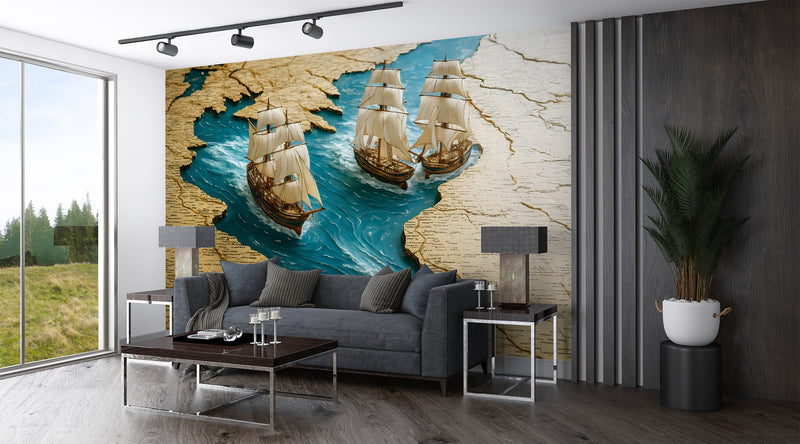 Wall Print 3D Self-Adhesive Wallpaper Perfect for Living Room, Office, Bedroom Design "Sea Journey Through the Map" 🌊🗺️