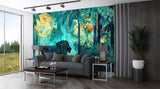 Traditional Jungle Wallpaper with Lion – Emerald Green Botanical Wall Mural with Gold Accents for Living Room & Bedroom