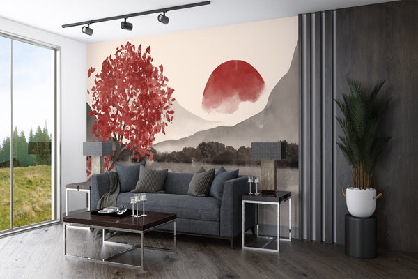 🌅"Watercolor Japanese Sumi-e Style With Minimalist Touch Self-Adhesive Wallpaper For Cozy Living Room, Bedroom, Home Gym "Japanese Sunset" 🌅