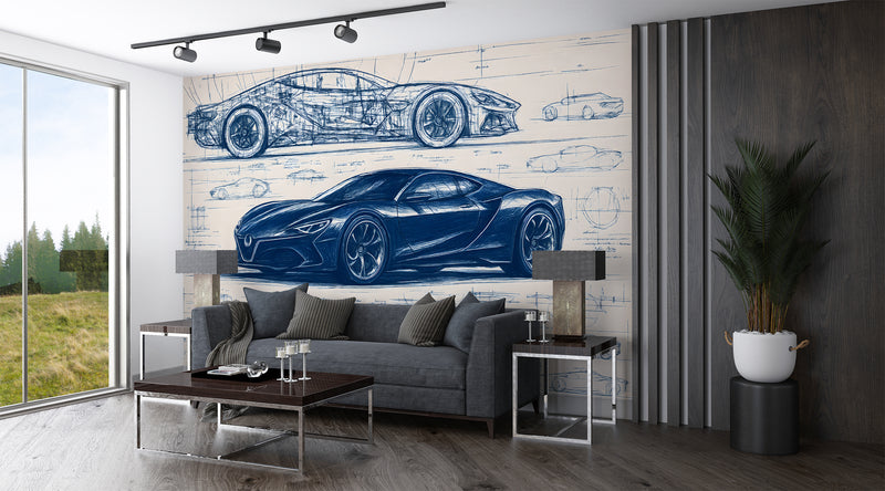 Minimalist wall design Full-wall self-adhesive wallpaper for garage, office print, art wall for a teenager's room "Car Blueprint in Blue" 🚗