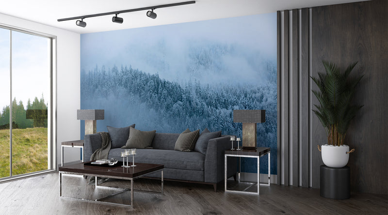 Art Design Vinyl Wallpaper Peel and Stick  Wall Mural Foggy Pine Forest for Living Room, Bedroom, Calming Print for Office or Personal Study🌲🌫️