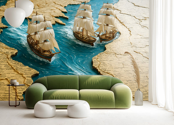 Wall Print 3D Self-Adhesive Wallpaper Perfect for Living Room, Office, Bedroom Design "Sea Journey Through the Map" 🌊🗺️
