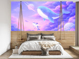 Dreamy Space Whale Wall Mural - Pastel Purple Clouds & Planets Nursery Non-Woven Wallpaper