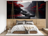 Moody Japanese Zen Garden Wall Mural - Dark Mist Mountains Peel and Stick Wallpaper