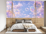 Dreamy Iridescent Bubbles Wall Mural - Pastel Sky & Soft Clouds Peel and Stick Wallpaper