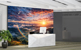 Non-Woven Wallpaper Panoramic Mountain Sunset Wall Art with Rainbow for Bedroom