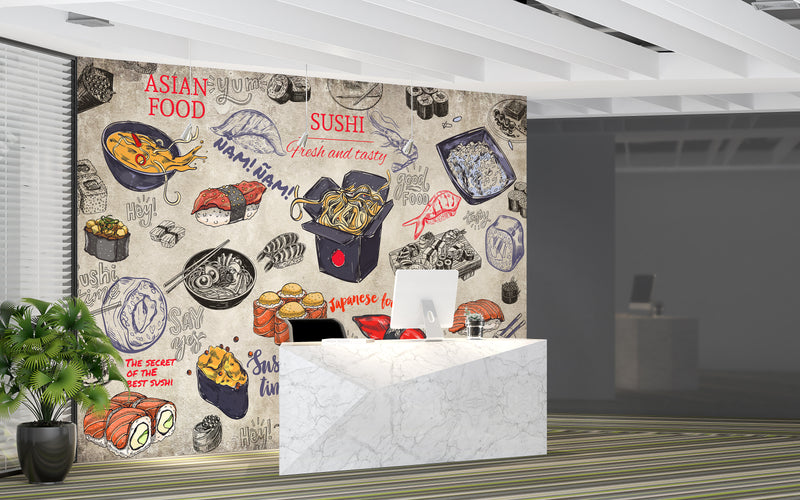 High-Quality Self-Adhesive Photo Wallpaper With Custom Design For Kitchen, Restaurant, Or Office – "Japanese Cuisine On A Dark Background" (Copy)