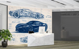 Minimalist wall design Full-wall self-adhesive wallpaper for garage, office print, art wall for a teenager's room "Car Blueprint in Blue" 🚗