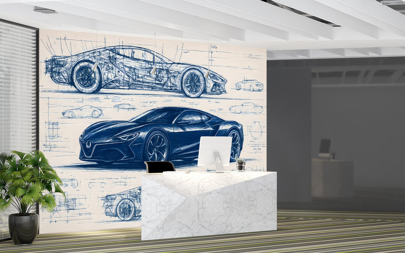 Minimalist wall design Full-wall self-adhesive wallpaper for garage, office print, art wall for a teenager's room "Car Blueprint in Blue" 🚗