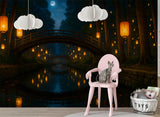 Self-Adhesive Wall Mural Print for Kids Room Lanterns Lighting the River Art Wall Kids Wallpaper Playroom Decor
