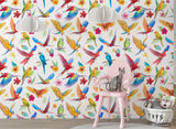 Colorful Tropical Parrot Pattern Desing Peel and Stick Wall Mural for Living room – Watercolor Style Print in Red, Blue, Yellow & Green