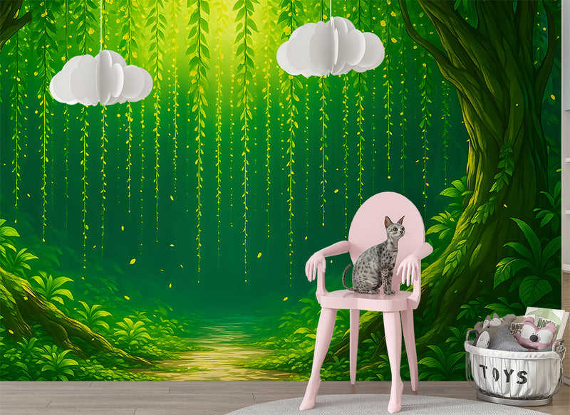 Nature Art For Kids Room Wallpaper Print For Nursery Self-Adhesive Wall Mural For Baby Room Full Wall Poster "Green Arch In The Forest"🌿