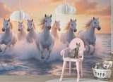 White Horses Running on the Ocean at Sunset – Non-Woven Wall Mural, Majestic Coastal Horse Wallpaper