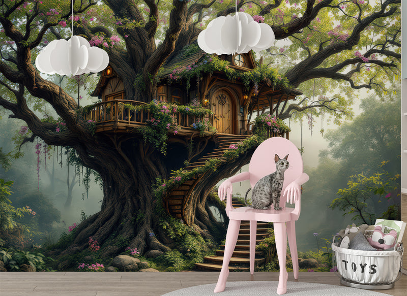 Children’s Dream Fantasy-Themed Mural Desing, Self-Adhesive Kids Wallpaper, Nursery Room Print, ‘Treehouse’ Wall Art