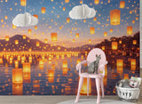Peel and Stick Wall Mural Glowing Lanterns Over Water – Dreamy Nature Night Print for Kids Room