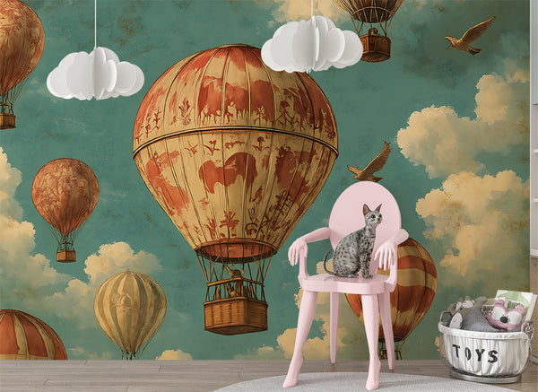 Peel and Stick Kids Wall Mural Hot Air Balloon Adventures Print Vintage Style Wall Mural Wall Art Playroom Desing Adventure Lovers Poster