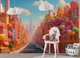 Non-Woven Wall Mural Candy Cityscape – Colorful Fantasy Candy World Wallpaper for Kids Room & Playroom Decor
