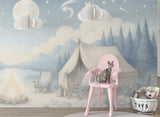Peel and Stick Kids Wall Mural Pastel Camping Night Scene Gentle Blue-White Nursery Wallpaper Calm Bedtime Forest Print for Children’s Room