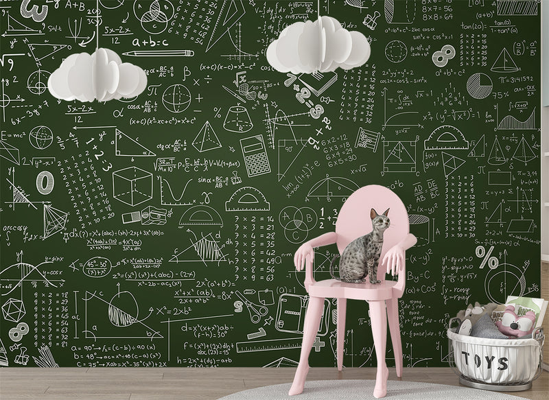 Wallpaper with formulas Math tasks design for kids’ room Peel and stick Mural Wall art Poster Educational zone or school print 📘