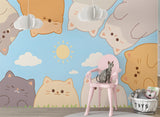 Pastel Cute Cats Peel and Stick Wallpaper – Kawaii Cat Circle Sky & Grass Wall Mural for Kids Room