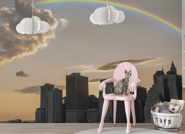 Nature and Urban Wall Mural – Self-Adhesive Full Wall Art for Bedroom, Office, Living Room | "Rainbow over the City" Home Print 🌆🌈
