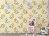 Peel and Stick Wall Mural “Happy Bunnies on the Moon” – Kids Room Wallpaper