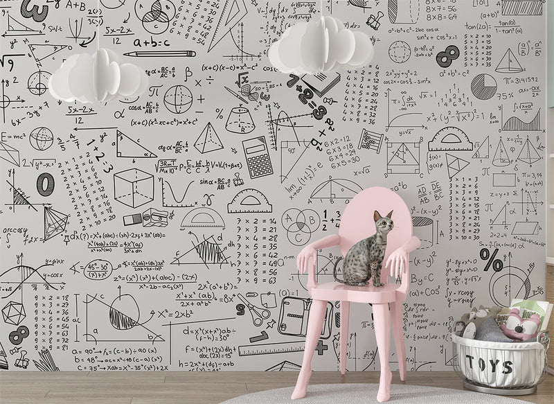 Graphic wallpaper Science theme Mathematical wallpaper Full wall peel and stick mural for kids’ room or living room Educational space print Gray background "Mathematical Formulas" 🧮