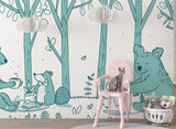 Cute Cartoon Illustration Bear Family Having Picnic in the Woods – Peel and Stick Wall Mural for Kids Room & Nursery
