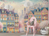 Whimsical Spring Town Wall Mural – Colorful Fantasy Houses Peel and Stick Wallpaper