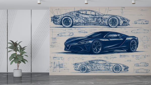 Minimalist wall design Full-wall self-adhesive wallpaper for garage, office print, art wall for a teenager's room "Car Blueprint in Blue" 🚗