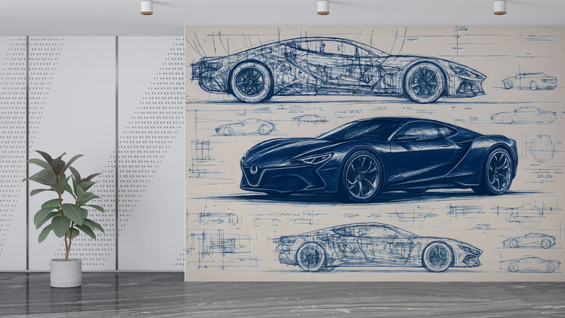 Minimalist wall design Full-wall self-adhesive wallpaper for garage, office print, art wall for a teenager's room "Car Blueprint in Blue" 🚗