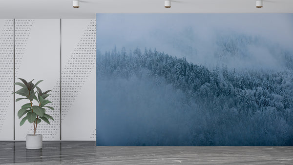 Art Design Vinyl Wallpaper Peel and Stick  Wall Mural Foggy Pine Forest for Living Room, Bedroom, Calming Print for Office or Personal Study🌲🌫️