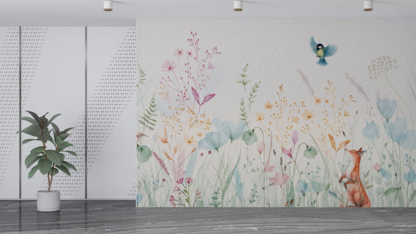 Children’s Wallpaper Forest Print Self-Adhesive Kids Wall Mural Woodland Animals Poster Fox and Little Bird Among Flowers Nursery Art Design