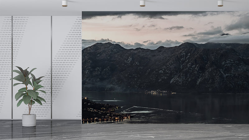 Nordic Design Peel and Stick Wall Mural Scandinavian Style Evening View of the Old Town of Kotor Bay from Mount Lovćen Print for Living Room, Office or Bedroom
