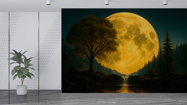 Natural Print Peel and Stick Mural For Living Room, Bedroom Office Poster "Mysterious Glow Of The Full Moon Over The Lake"