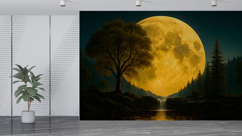 Natural Print Peel and Stick Mural For Living Room, Bedroom Office Poster "Mysterious Glow Of The Full Moon Over The Lake"