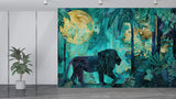 Traditional Jungle Wallpaper with Lion – Emerald Green Botanical Wall Mural with Gold Accents for Living Room & Bedroom