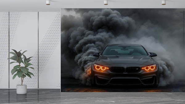 Brutal Design for Teen Room, Print for Gym or Office, Peel and Stick Wall Mural, Wall Art, Car Theme Decor "Car Emerging from Fog and Smoke" 🚗🌫️