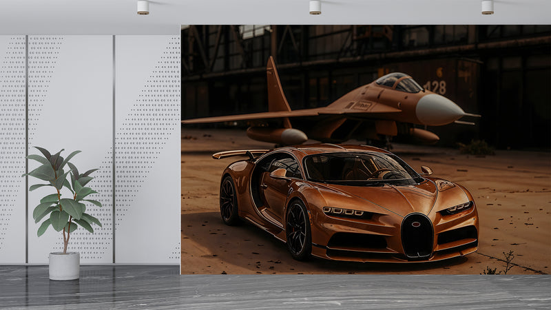 Car in bronze color Self-adhesive wall mural for workshop, office, study, or hall stylish wall mural "Sports car and fighter jet in a unified color scheme" ✈️🚗