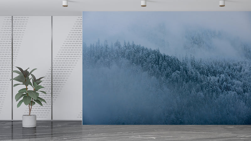 Art Design Vinyl Wallpaper Peel and Stick  Wall Mural Foggy Pine Forest for Living Room, Bedroom, Calming Print for Office or Personal Study🌲🌫️