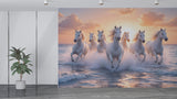 White Horses Running on the Ocean at Sunset – Non-Woven Wall Mural, Majestic Coastal Horse Wallpaper
